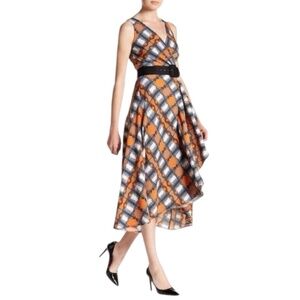 EVA FRANCO Camille Midi Dress Bold Print Flowy Faux Wrap Orange and Gray Size 4